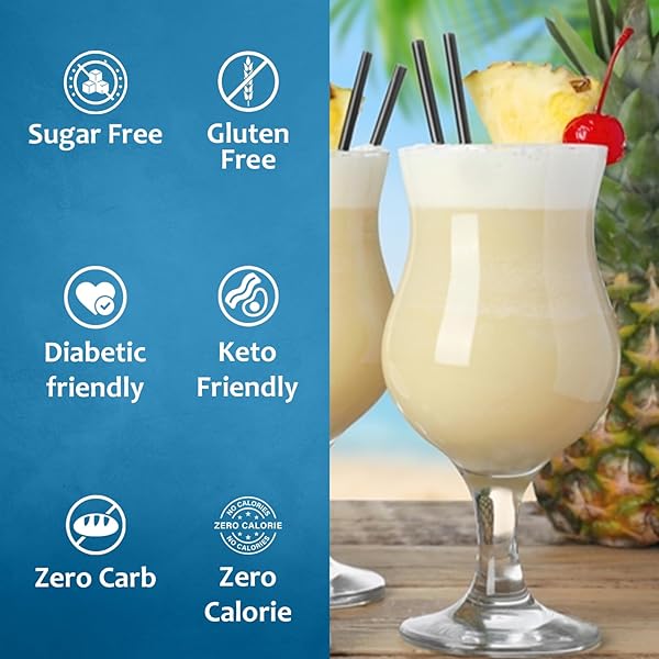 SYRUVIA SUGAR-FREE PINA COLADA SYRUP – 25.4 FL OZ. PREMIUM COFFEE FLAVORING SYRUP. 0 CALORIES, KOSHER, AND GLUTEN-FREE. PERFECT FOR DRINKS, SODAS, SHAKES, DESSERTS, AND MORE.