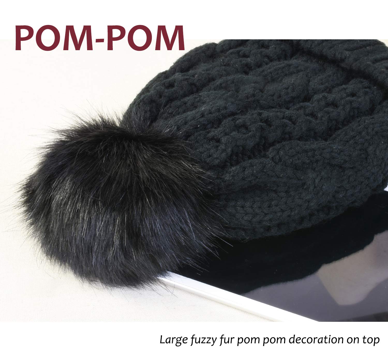 Winter Thick Cable Knit Faux Fuzzy Fur Pom Pom Fleece Lined Skull Ski Cap Cuff Beanie