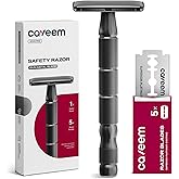 CAVEEM Double Edge Safety Razor for Women &amp; Men,Gunmetal Black | Starter Kit With 5 Replacement Blades, Textured Grip, Easy Blade Change, Washable Design, Compact For Travel