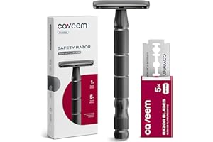 CAVEEM Double-Edge Safety Razor, Single-Blade Razors with 5 Stainless Steel Razor Blades for Men and Women, Reusable Metal Razor – Gun Metal Black