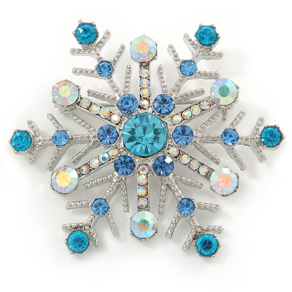 Crystal Snowflake Brooch In Rhodium Plating (Light Blue/AB) - 52mm Across