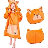 IFNOW Wearable Blanket Hoodie Kids, Oversized Fleece Blanket Sweatshirt Christmas Birthday Gifts for Boys, Girls, Teen Hoodie with Portable Foldable Blanket Pillow, Animal Embroidery 5-15 Years, Fox