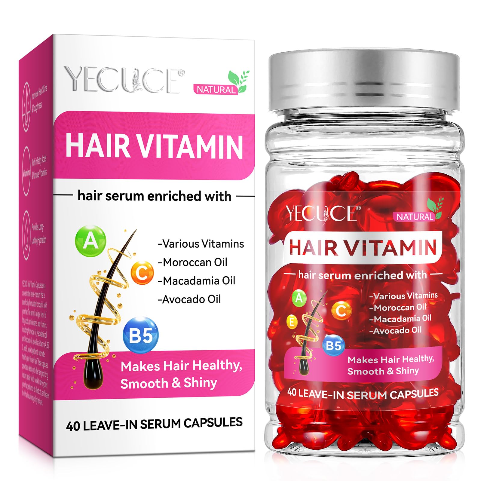 Hair Vitamins Treatment Oil with Argan Macadamia Avocado Oils for Frizzy and Dry Damaged Hair, Vitamins A C E Pro B5 for All Hair Types Conditioner for Women & Men, 40 Capsules