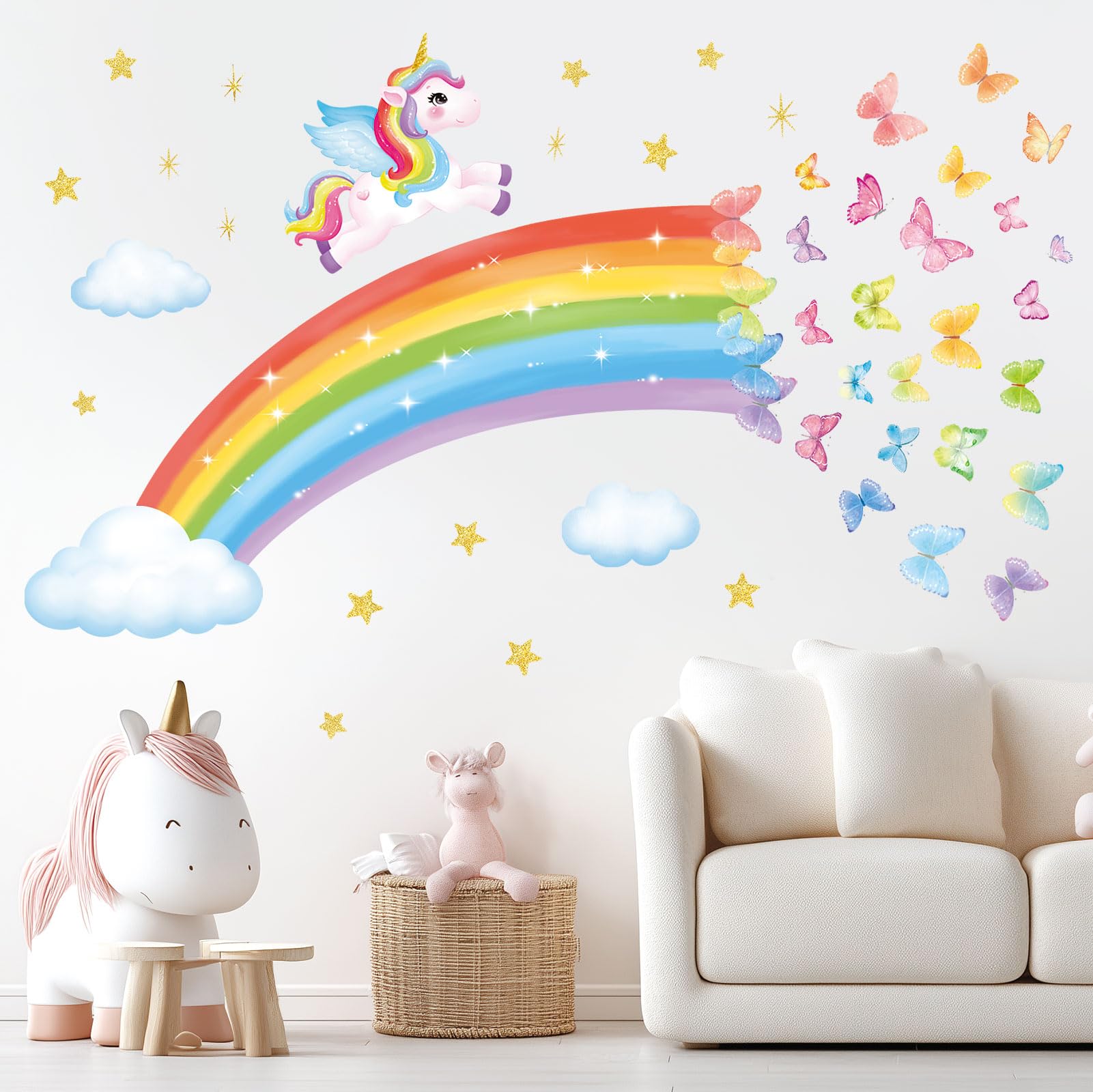 DECOWALL Rainbow Wall Stickers for Kids – Colorful Unicorn, Butterflies & Clouds Wall Decals for Nursery, Bedroom, Girls Room Wall Décor (SG2-2401)