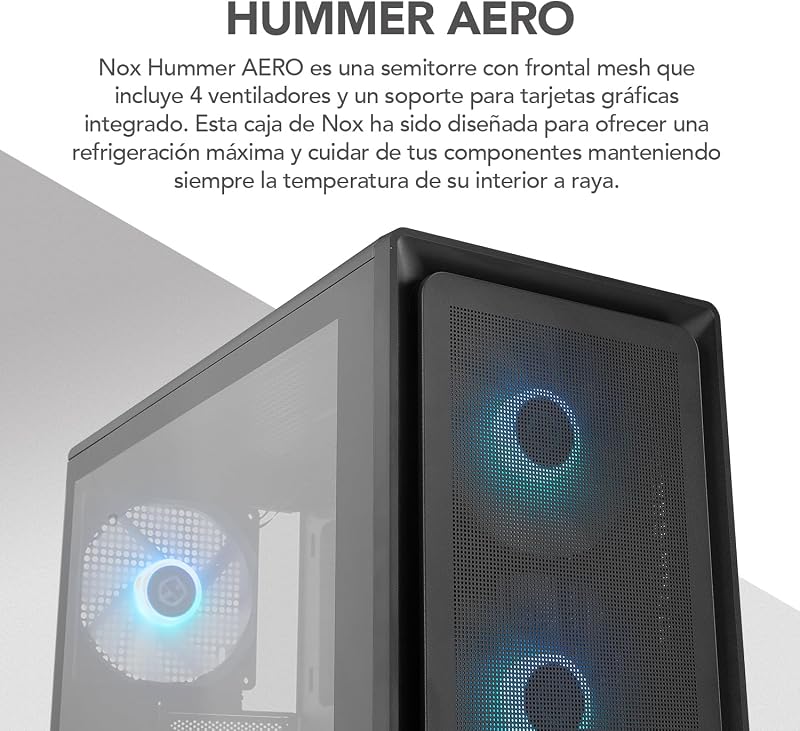 Hummer AERO – Semitorre ATX | M-ATX | ITX Incluye 4 Ventiladores ARGB PWM 140mm, Frontal Mesh, Lateral Cristal Templado, USB-C y USB 3.0, Soporte GPU 420mm, Filtro Magnético, Negro