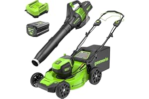 Greenworks 80V 21” Brushless (Self-Propelled) Cordless Electric Lawn Mower + (580 CFM) Axial Leaf Blower (75+ Compatible Tools), 4.0Ah Battery and 60 Minute Rapid Charger, Green and Black