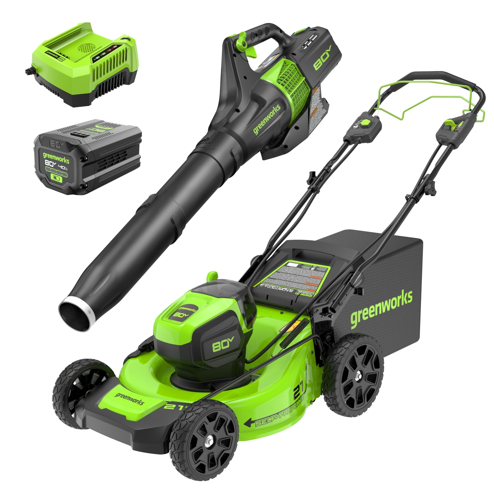 Photo 1 of **MISSING THE BATTERY**


Greenworks 80V 21” Brushless (Self-Propelled) Cordless Electric Lawn Mower + (580 CFM) Axial Leaf Blower (75+ Compatible Tools), 4.0Ah Battery and 60 Minute Rapid Charger, Green and Black