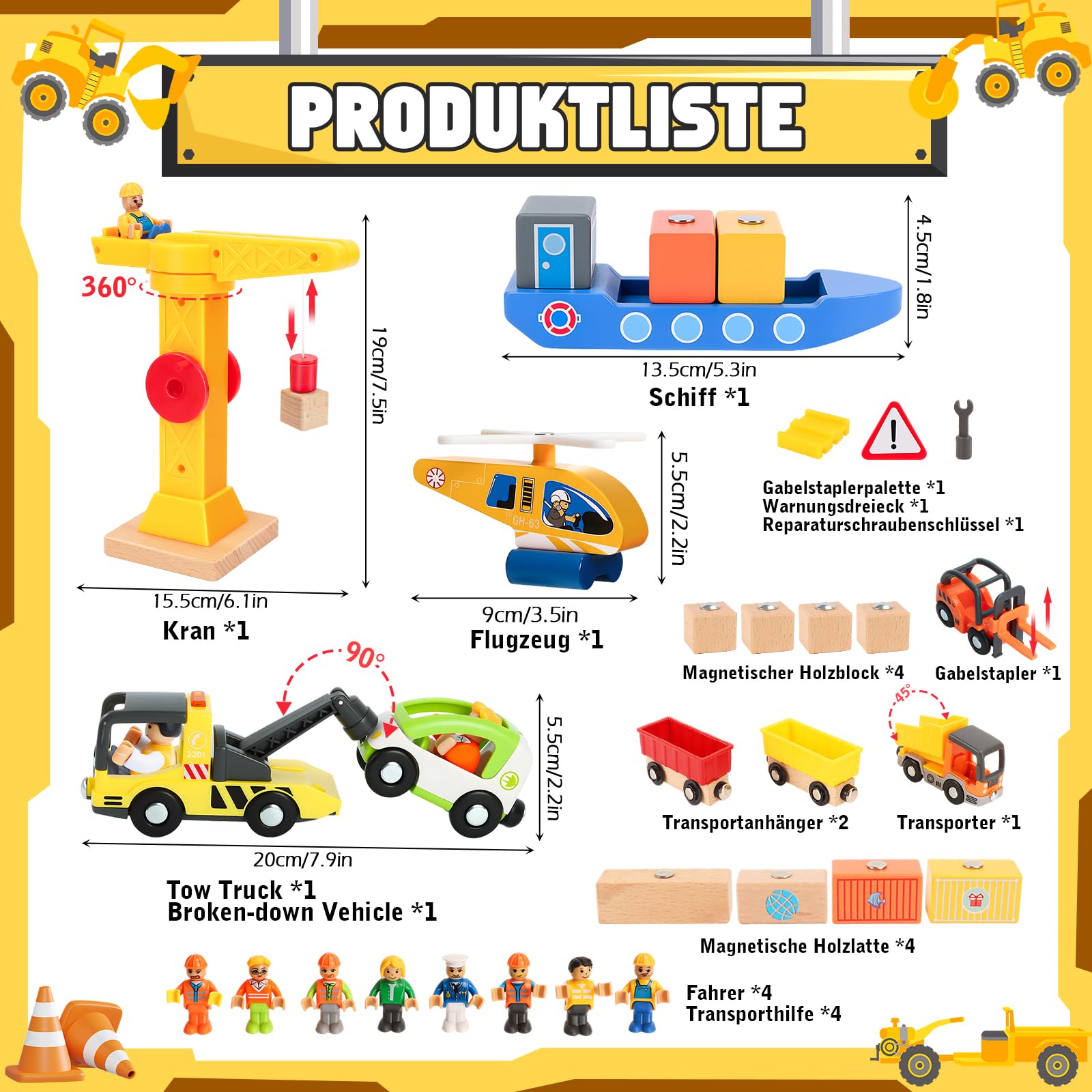 BuntWunder Baustellenfahrzeuge Kinder Kran Spielzeug, Baustelle Spielzeug ab 3 Jahre, Baufahrzeuge Kinder Holzspielzeug mit Turmkran Anhänger Gabelstapler Schiff, Geschenk Junge 3 4 5 Jahre 2