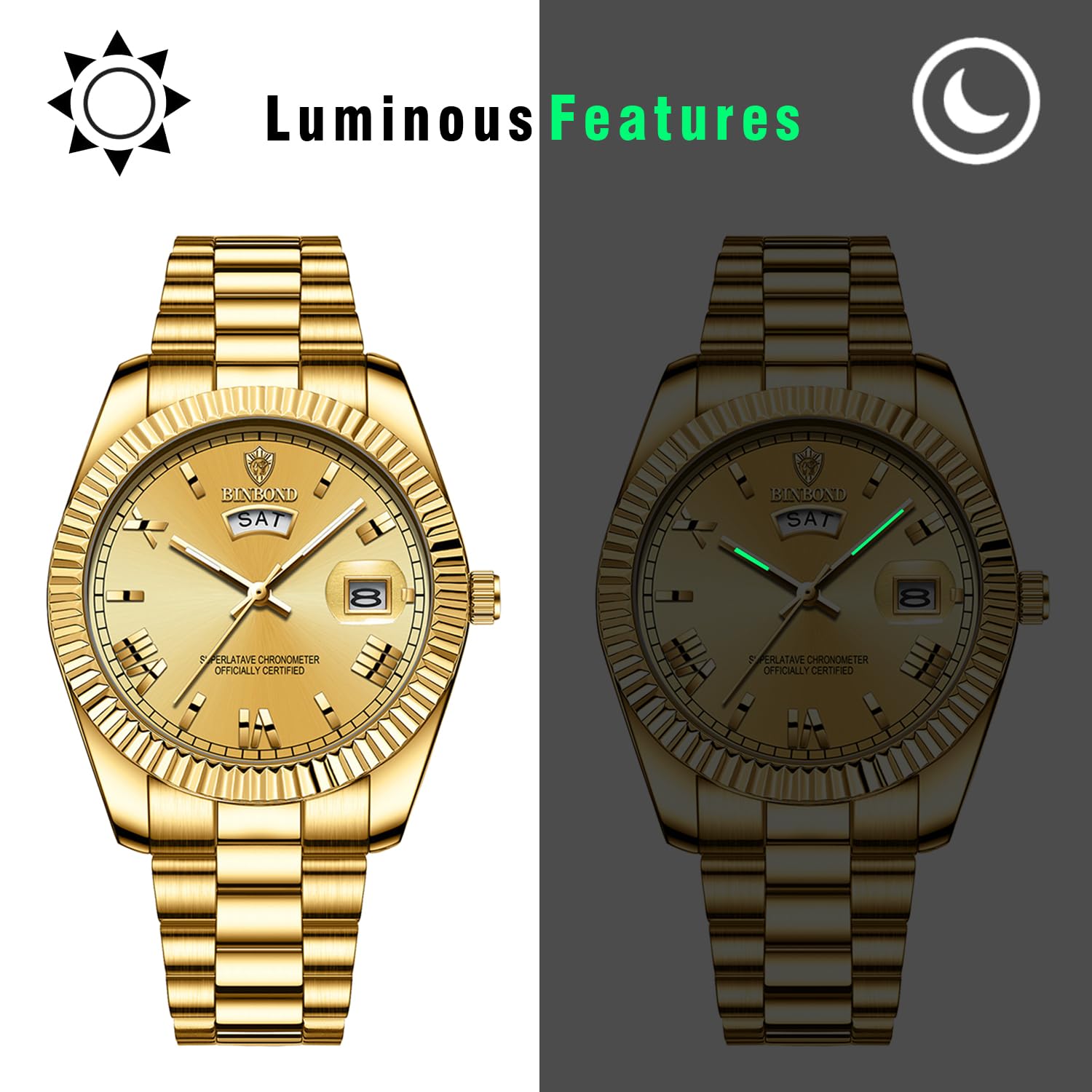 JewelryWe Men's Watch Stainless Steel Quartz Analogue Watch 30 m Waterproof Roman Numerals Dial Watch with Week Date Calendar and Luminous Hands Father's Day Gift