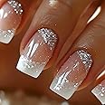 RUOKEXIN Press on Nails White French Tip Fake Nails Square Medium Length False Nails with Silver Glitter Designs Ombre Glossy Artificial Nails Acrylic Glue on Nails Natural Stick on Nails for Women