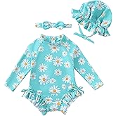 Renotemy Baby Girls Swimsuit Drawstring Zip Bathing Suit Long Sleeve One-Piece Rash Guard Swimwear with Hat for Infant Girl