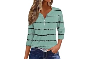 EKIYVO 3/4 Length Sleeve Womens Tops Casual Loose Fit Henley Neck T Shirts Cute Print Three Quarter Length Tunic Tops