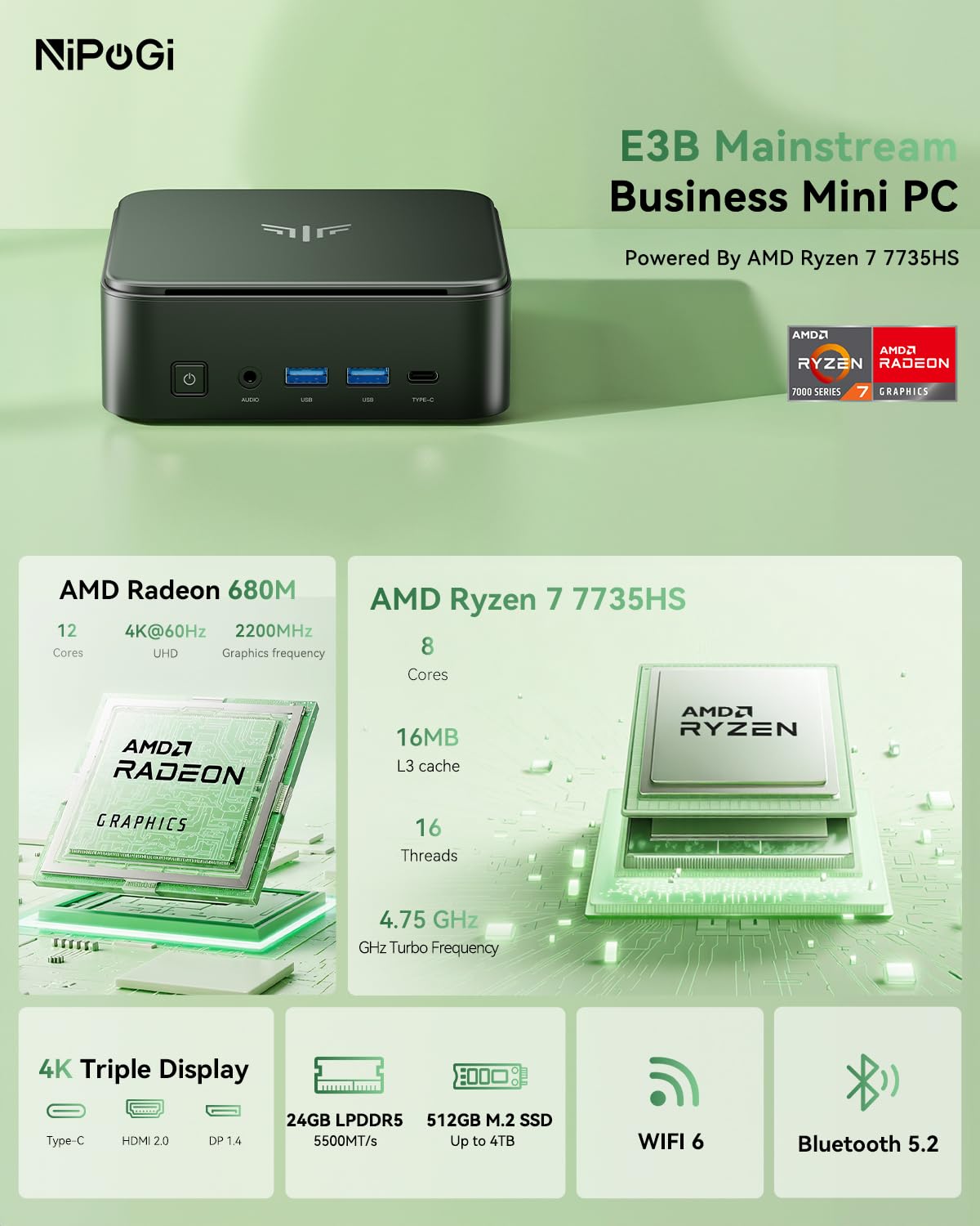 NiPoGi E3B Mini PC АMD Ryzen 7 7735HS(Besser als R7 5825U/R5 5730U, 8C/16T, bis zu 4,75 GHz), 24 GB LPDDR5 5500MT/s 512 GB M.2 NVMe PCIe 3.0 SSD Mini Desktop Computer W-11 Pro für Büro/Schule/Zuhause. 2