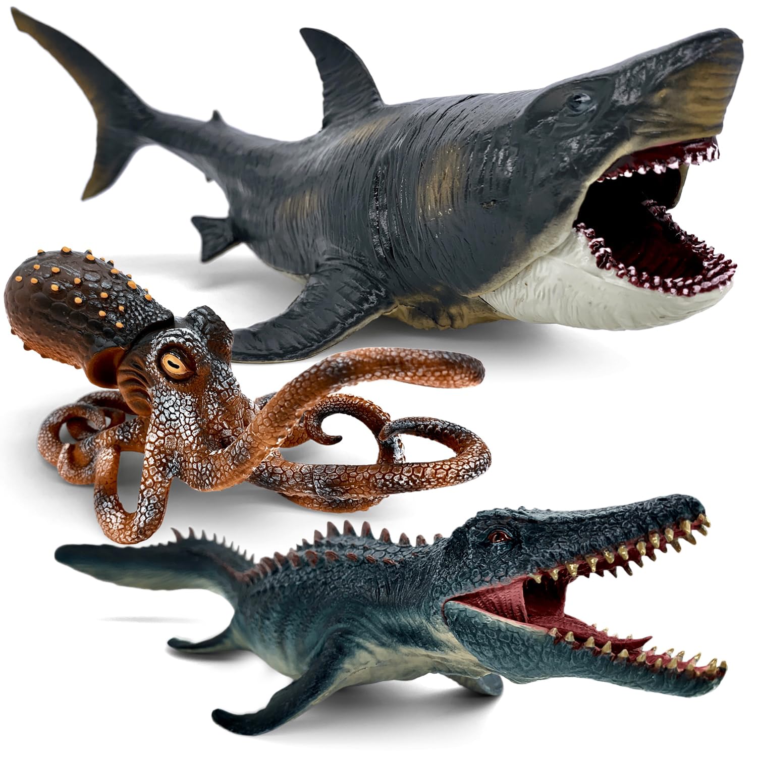 Movable Jaw Ocean Animal Set - 13" Mosasaurus, 10.6" Megalodon Shark & 7.8" Octopus Realistic Action Figure Toys for Kids & Collectors (3pc)