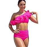SPORLIKE Women High Waisted Swimsuit Flounce One Shoulder Bikini Padded Bathing Suit