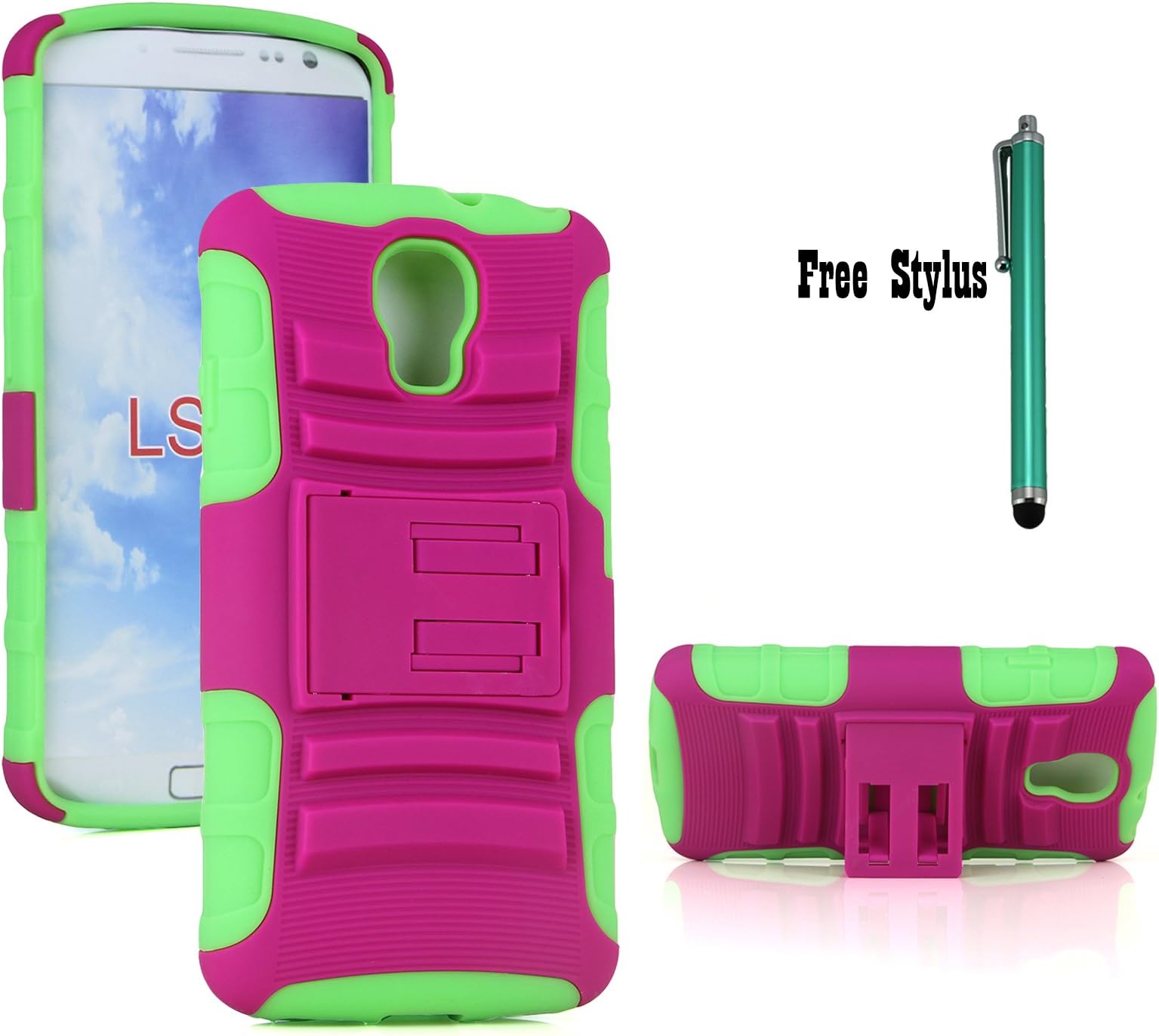 Shock & Bump-proof Armor Hybrid Hard and Soft Kickstand Case for LG Volt LS740 / LG Volt 4G LTE - Dustproof kickstand case with dirt-caps (Kickstand Case - Hot Pink and Green)