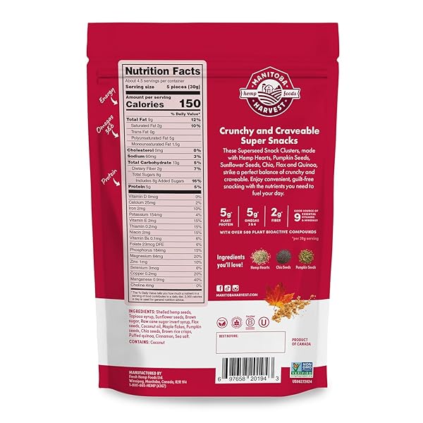 MANITOBA HARVEST SUPERSEED SNACK CLUSTERS, MAPLE & BROWN SUGAR – 4.6OZ – 5G PLANT PROTEIN, 2G FIBER, 5G OMEGA 3 & 6 PER 30G SERVING – EASY 6-IN-1 SUPER SEEDS SNACKS – VEGAN, NON-GMO PROJECT VERIFIED