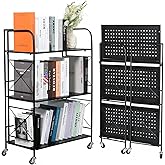 villertech Foldable 3-Tier Metal Shelf with Wheels - Folding Bookshelf Unit for Living Room, Kitchen, Study 12.6" D x 23.6" W x 33.8" H, Matte Black