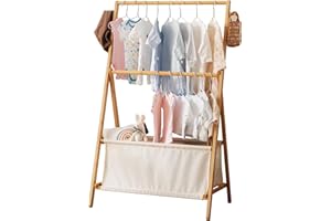 Baveke Kids Clothing Rack - Bamboo Toddler Dress Up Storage Rack with Double Rods, Foldable Costume Organizer for Little Girl