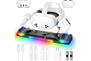Kinwin 30W Fast Charging Dock for Meta Quest 3S/3/2, Magnetic Charger Station Stand for Oculus Quest 3S/3 Accessories with 11-Color RGB Light, 2 Rechargeable Batteries & Covers for Headset (Black)