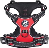 PoyPet No Pull Dog Harness Reflective Vest with 2 Leash Attachments (Red, L)