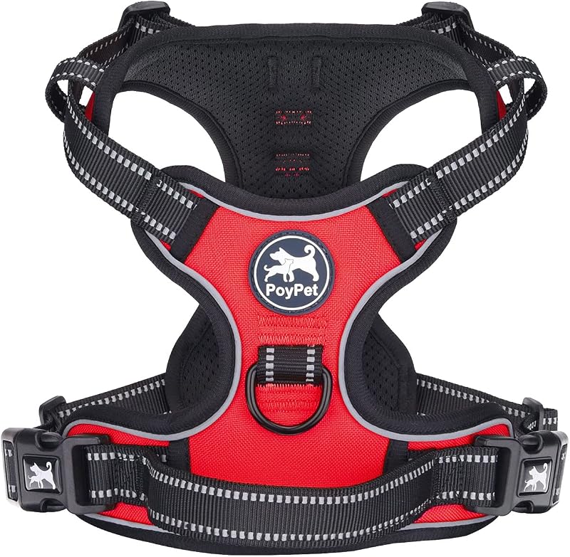 PoyPet No Pull Dog Harness Reflective Vest with 2 Leash Attachments (Red, L)