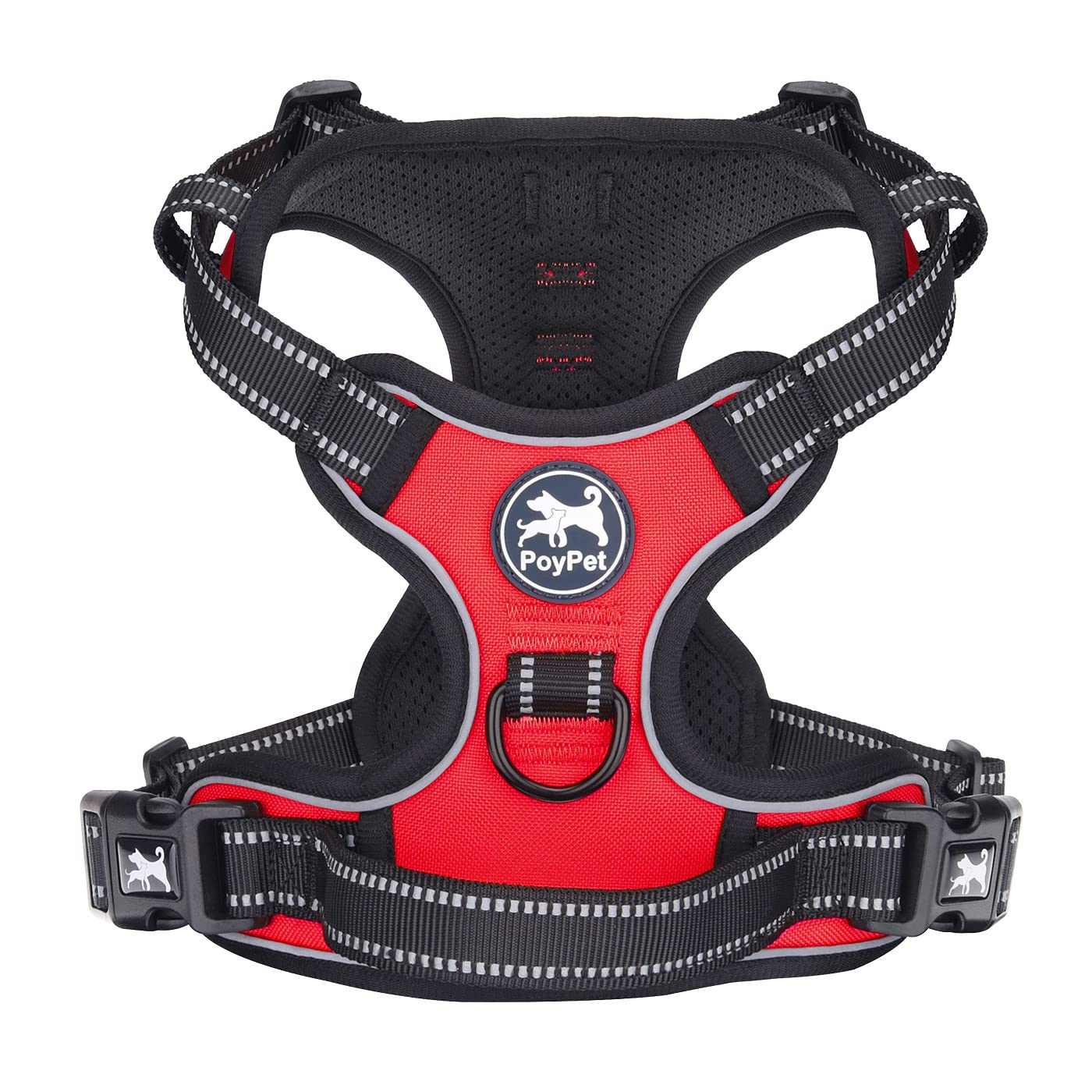 PoyPet No Pull Dog Harness, Reflective Vest Harness with 2 Leash Attachments and Easy Control Handle for Small Medium Large Dog(Red,L)