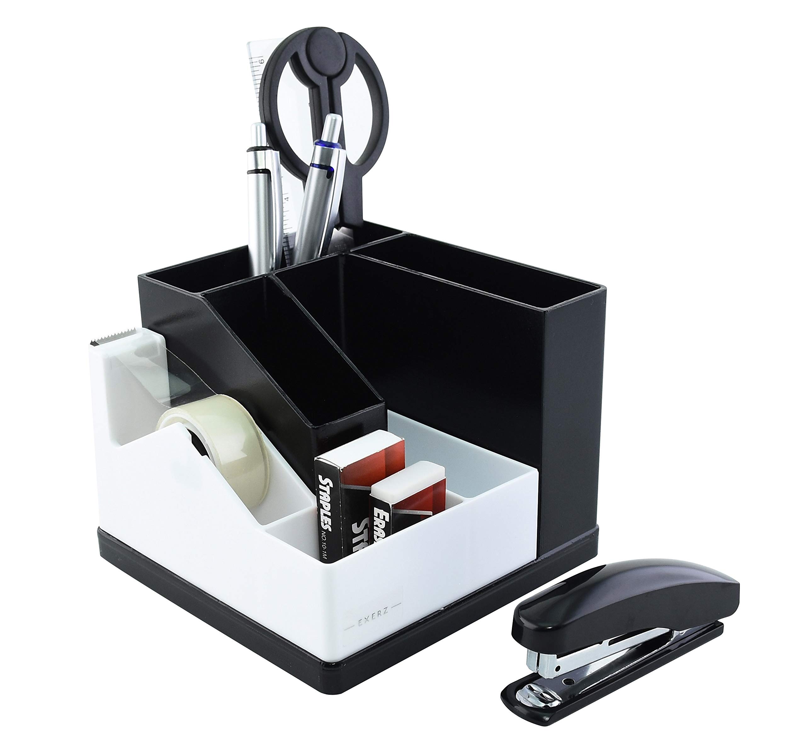 EXERZ Desk Organiser/Pen Holder/Desk Tidy/Rotating 360° with Stationery including: Adhesive Tape with dispenser, Scissors, Stapler, Staples, Pens, Ruler, Eraser (EX118 White/Black)