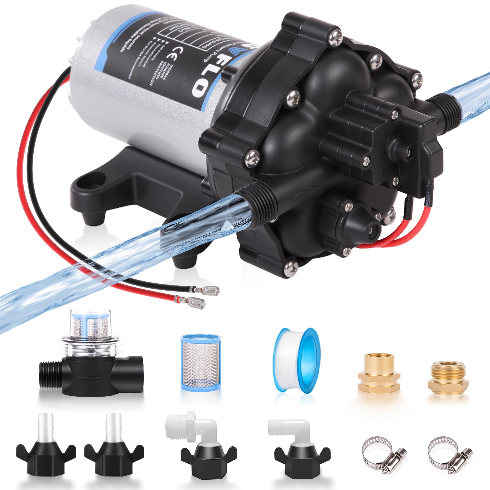 Photo 1 of [Upgraded Version] 12V DC RV Fresh Water Pump, 7GPM 70PSI, Five Chamber Self-Priming Diaphragm Pump with Heavy Duty Pressure Switch & Strainer for RV, Marine, Yacht, Caravan, Camper (7GPM-70PSI-12V)