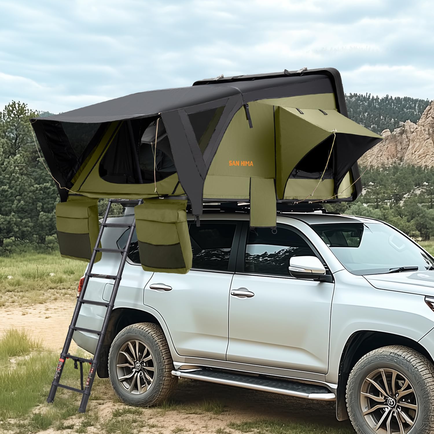 Photo 1 of Sanhima Rooftop Tent Hard Shell - Jervis Overland Aluminium ABS Roof Top Tent w/Stargaze Window & LED Strip Light for Car SUV Truck Camping, 2-3 People (Army Green)
