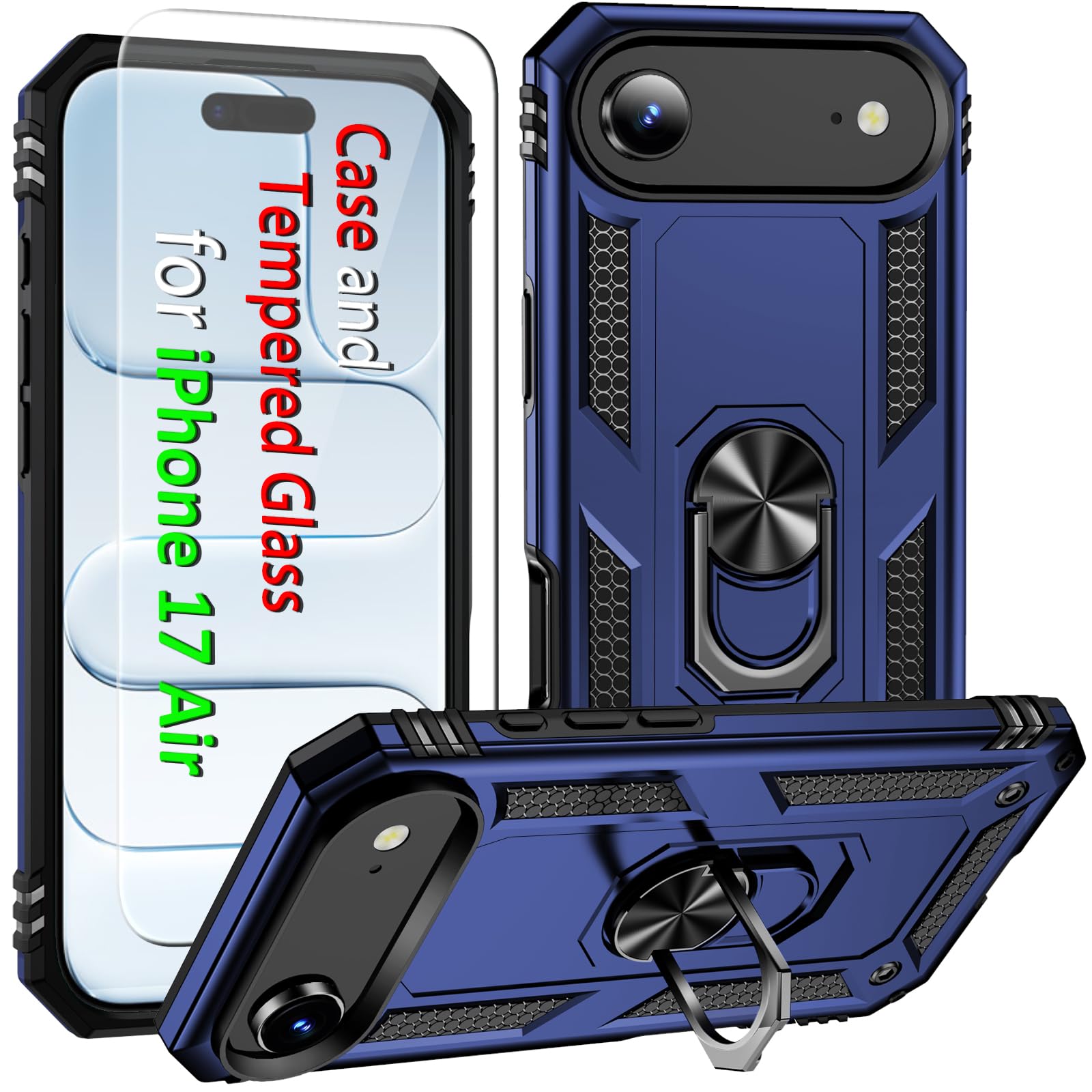 i Phone 17 Air Case, for iPhone 17 Air Case with Tempered Glass Screen Protector, Adjustable Kickstand Ring, Military-Grade Heavy Duty Protection, Shockproof, Anti-Fingerprint,Blue