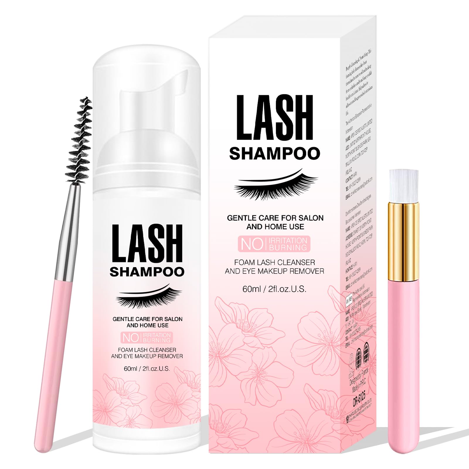 Lash Shampoo for Eyelash 60ML + Brush & Mascara Wand Eyelid Foaming Cleansing, Extension Cleanser Remover,Makeup Remover,Salon and Home Use