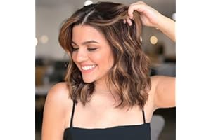 Eawwii Brown Highlight Short Wavy Wig for Women Lace Hairline Bob Style Synthetic Heat Resistant - Natural Appearance for Everyday Hairstyle 14 Inch