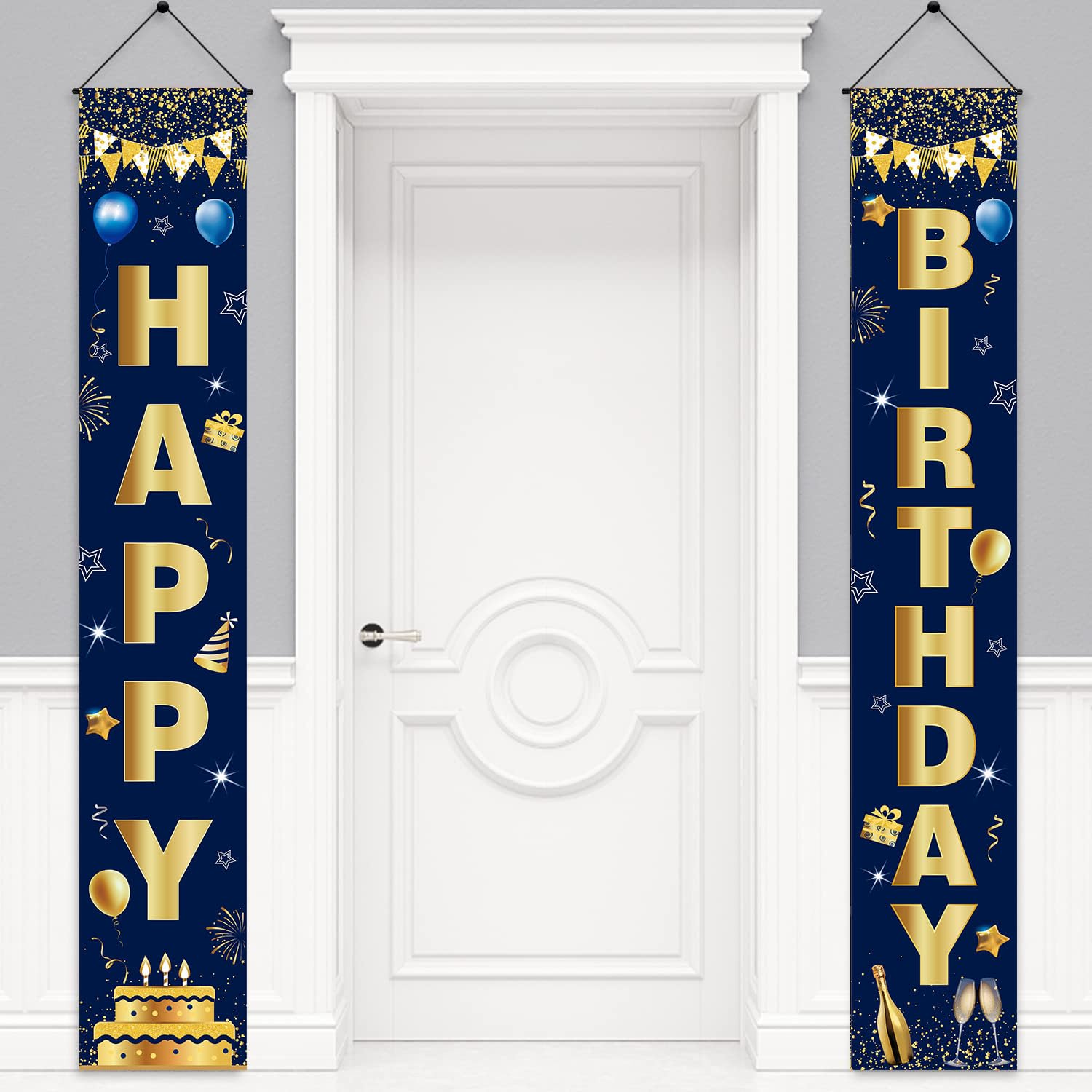 Photo 1 of Navy Blue And Gold Birthday Door Banner Decorations Happy Birthday Porch Sign Party Supplies Backdrop for Men Women Boys Girls Decor Props for Outdoor Indoor