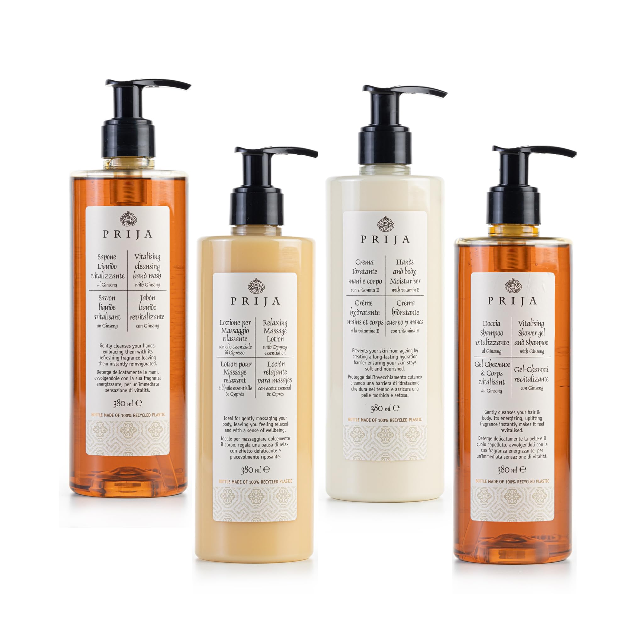 Prija Vitalising Cleansing Hand Wash, Relaxing Massage Lotion, Hand and Body Moisturiser and Vitalising 2 in 1 Shower Gel and Shampoo Bundle 4 x 380ml