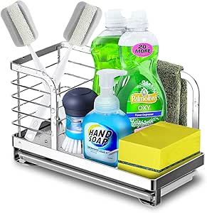 Organizador Fregadero, Organizador de Cocina Sink Soporte de Esponja con toallero Soporte y Organizadores para Utensilios, con Bandeja extraíble, 22,5 ...