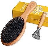 SunHer Soft Boar Bristle Hair Brush -100% Natural Bristle Brush for Women Men Short Thin Curly Hair Smoothing Restore Shine & Fine- Wooden Hairbrush with Brush Cleaner