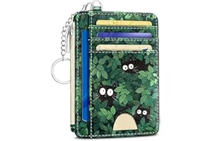 KELVORIS Cute Black Cat Credit Card Holder Small Wallet Women, Green Grass Slim RFID Blocking Wallet Woman Keychain with Zipper Coin Pocket, Front Pocket Thin Travel Card Case with ID Window for Ladies Gifts