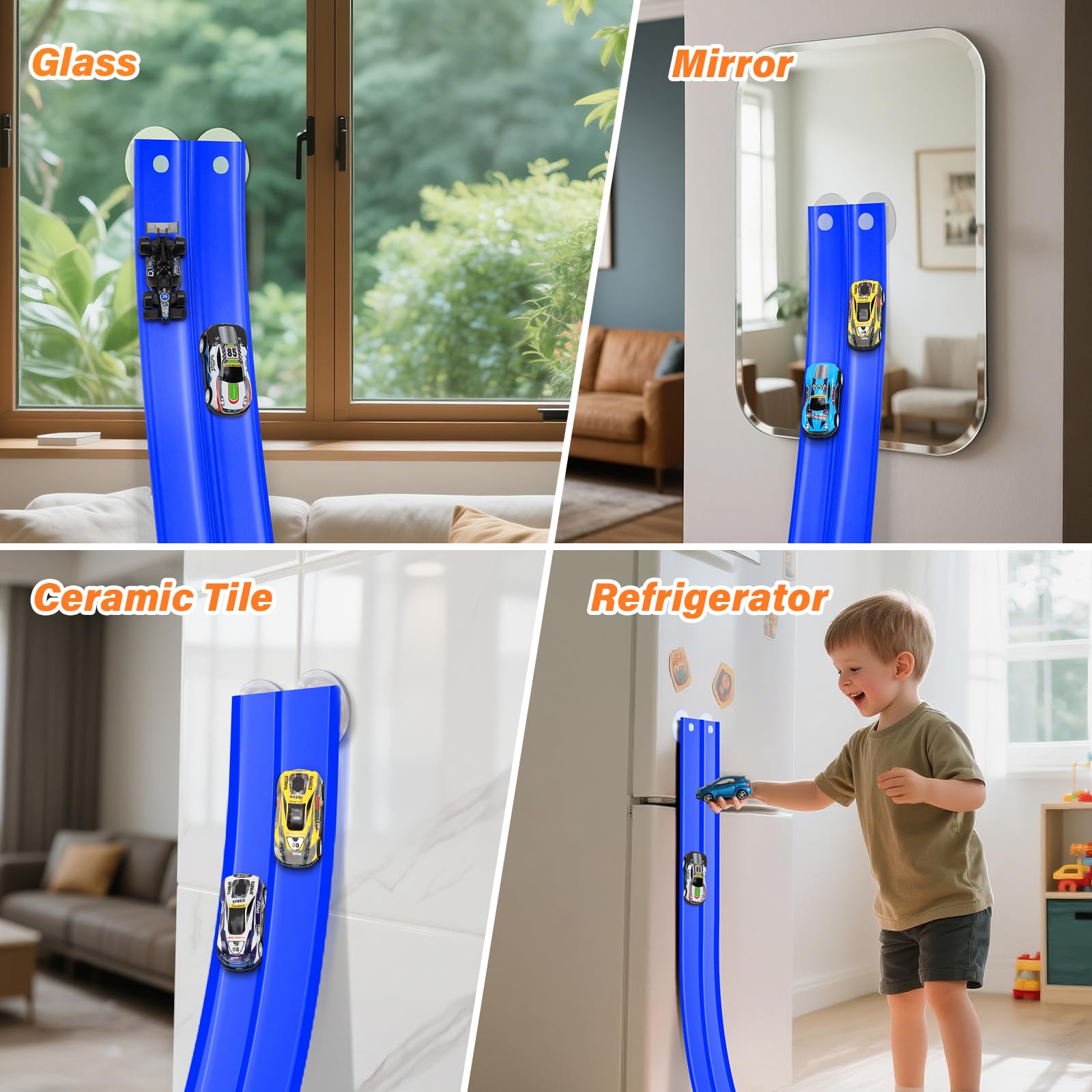 KETIEE Flex Tracks 16Ft for Kids: Flexible Race Car Ramp Track with 4 Small Racecars and 8 Suction Cups Compatible with Diecast 1/64th Cars, Rolls Up Portable Racetrack for Ages 3 & Up