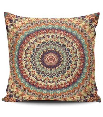 Bohemian Throw Pillow Cover 18x18 Inches - Teal Mandala Boho Floral Reversible Design, Machine Washable Polyester
