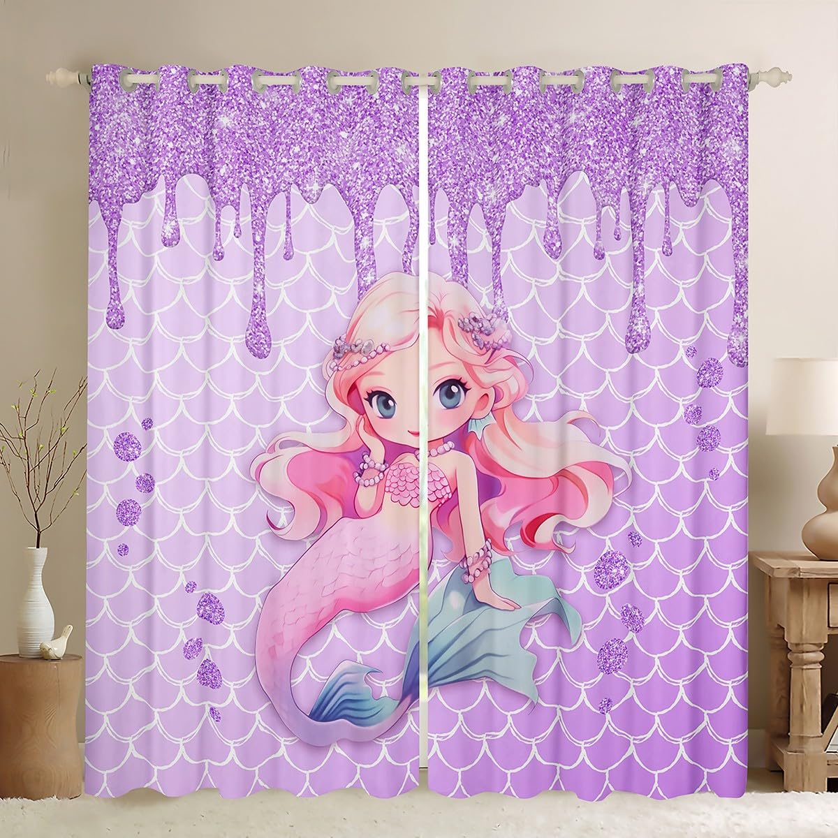 Manfei Mermaid Girls Blackout Curtain Purple Glitter Diamond Window Treatments, Purple Fish Scale Window Drapes for Kids Princess Room Decor, Grommet Top 2 Panel Set Bedroom Curtains, 46Wx54L inch