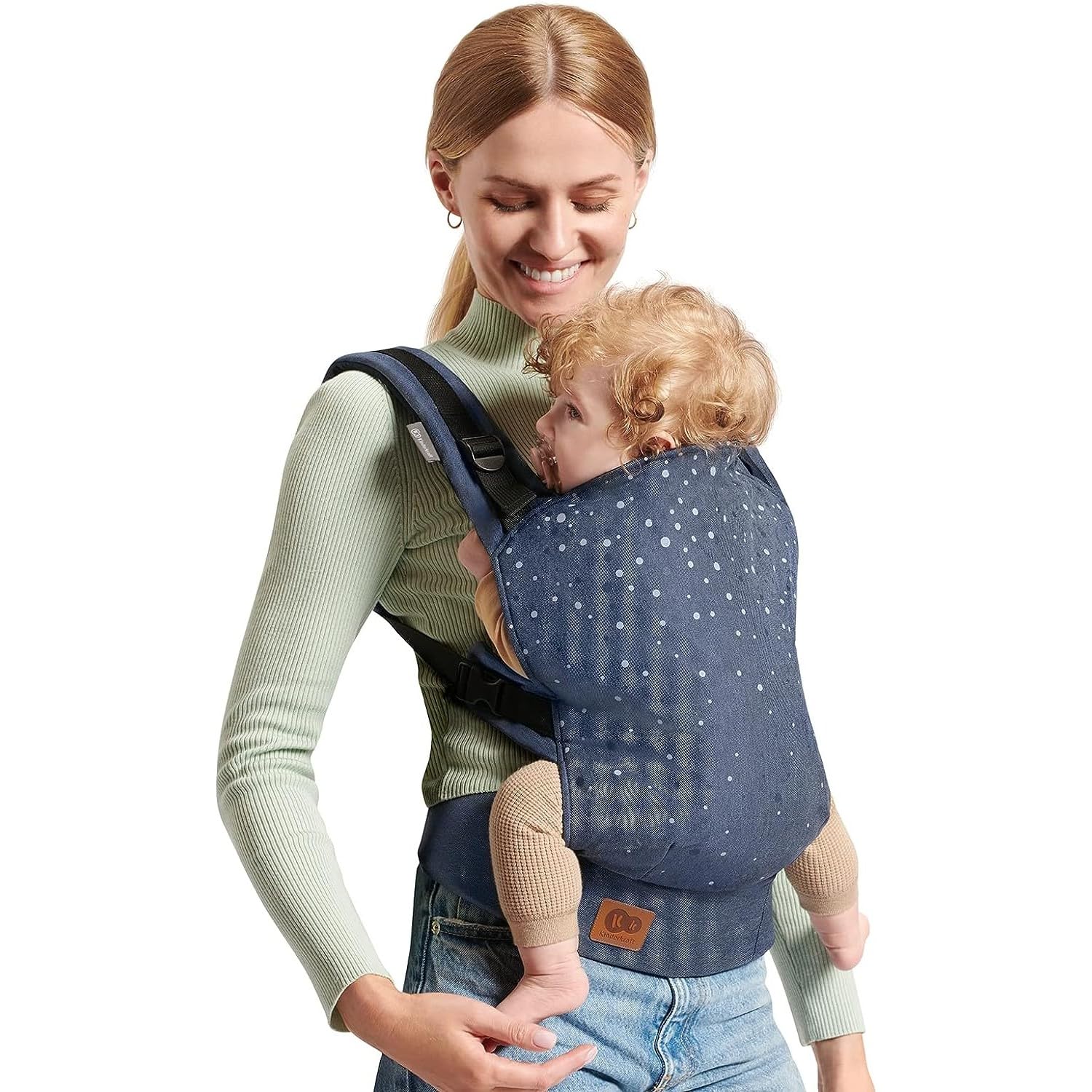 Kinderkraft Baby Carrier NINO Confetti Ergonomic Sling, Holder, Lightweight, Confortable, Ajustable, 2 Carrying Position: Front and Backpack, for Newborn, from 3 Month to 20 kg, Denim Blue
