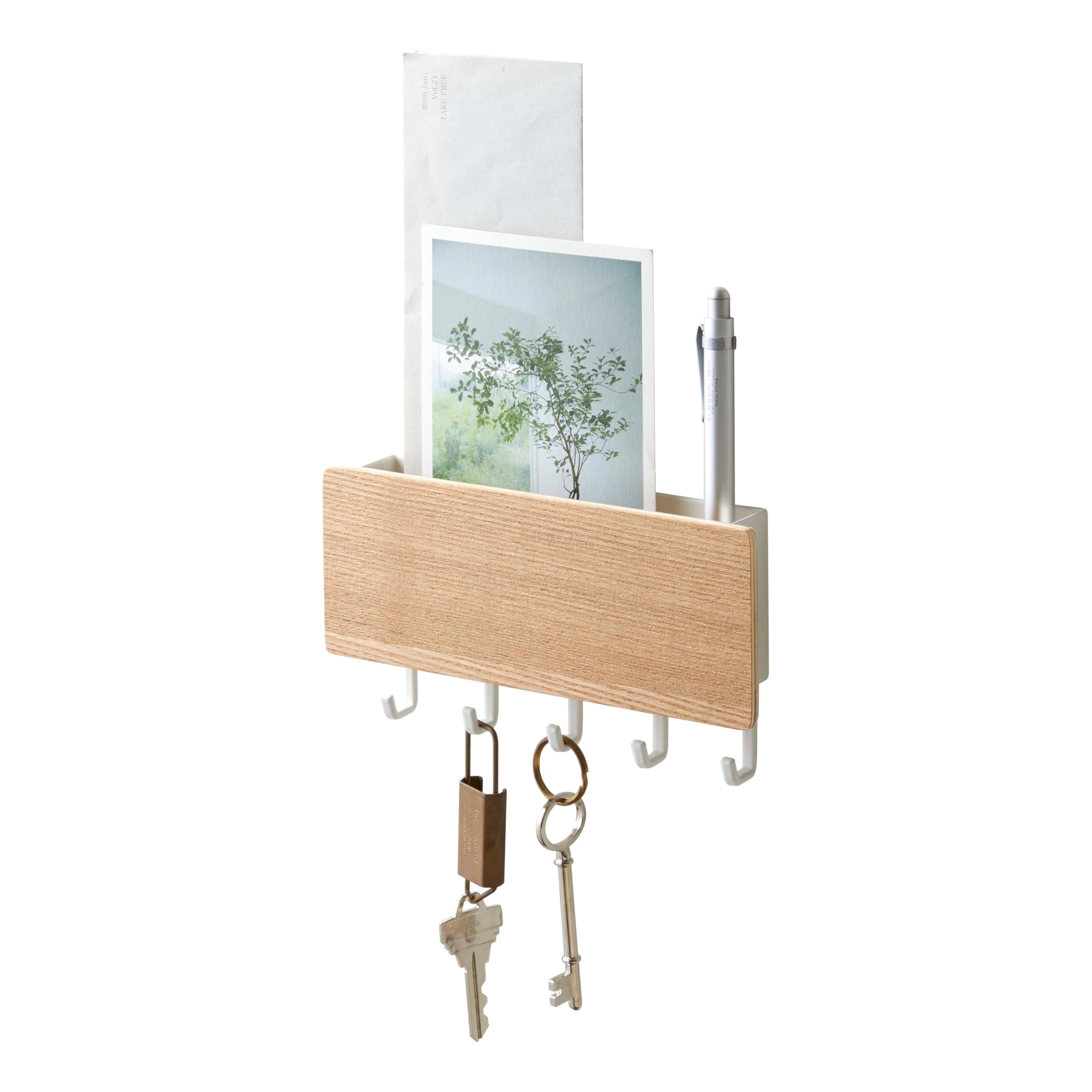 Yamazaki 2730 RIN Magnetic Key Hook with Tray, White, Wood/Steel, Minimalist, 18 x 3 x 9.5 cm