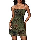 BEAUDRM Women's Floral Cami Dress Goth Mini Dress Retro Vintage Mesh Fitted Bodycon Mini Dresses