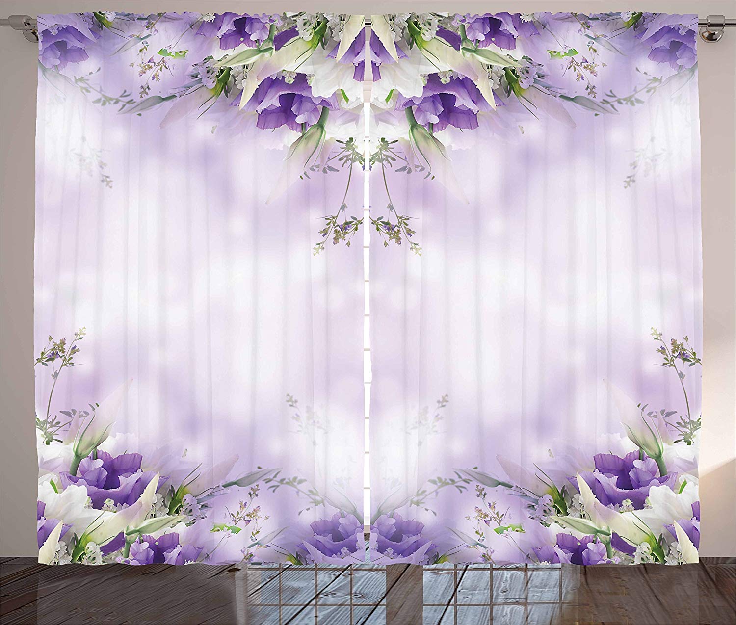 ABAKUHAUS Floral Curtains, Composition of Blossoming Flowers with Green Spring Leaves Romantic Nature, Living Room Bedroom Window Drapes 2 Panel Set, 280 x 175 cm, Green Purple