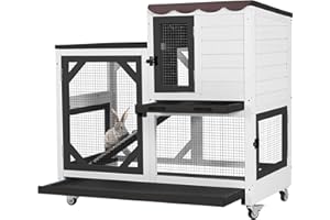 GUTINNEEN Rabbit Hutch Indoor Outdoor 2 Story Bunny House on Wheels Wood Rabbit Cage with 2 Pull Out Trays Guinea Pig Cage (Black)