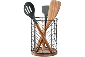MIKIGEY Large Kitchen Utensil Holder for Kitchen Counter- 6”x 6”x 7.5” Black Round Utensil holder With Wooden Base, Metal Wire Cooking Utensil Holder for Kitchen Cooking Oragnizer, Tree Shape