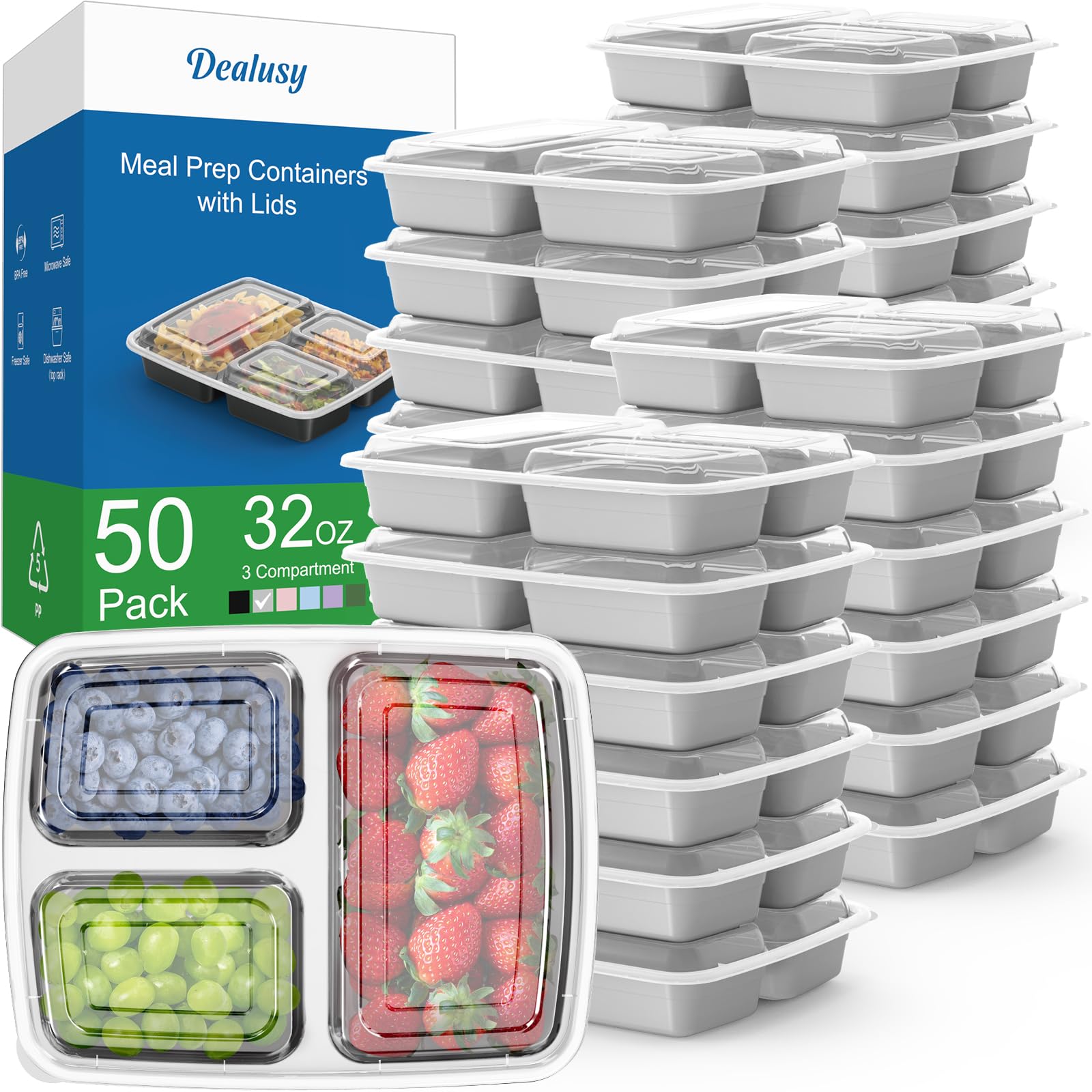 Photo 1 of 50 Pack (100-Piece) 32 oz Meal Prep Containers Reusable with Lids 3-Compartment, To Go Take Out Plastic Food Storage Containers, Sturdy Leakproof Food Safe, Microwave Freezer Dishwasher Safe, Silver