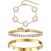YOUNGGRACE 18K Gold Plated Bracelet Sets for Women - 3PCS Stackable Bracelets Including Bangle, Tennis Chain & Four Leaf Clover Bracelet, Elegant Gold Jewelry Set for Everyday Wear, Gift for Her