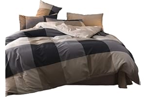 Duvet Cover Queen Plaid 100% Brushed Microfiber Reversible 3 Pieces Bedding Set Vintage Style Checkered Pattern Geometric Que